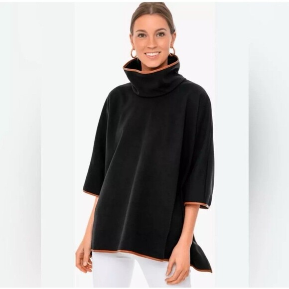 Tuckernuck One Size Black Leather Trim Funnel Neck Piper Poncho - Picture 3 of 11